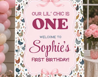Lil' Chic Chicken Birthday Welcome Sign, Pastel Coquette Party Decor (Digital Download)