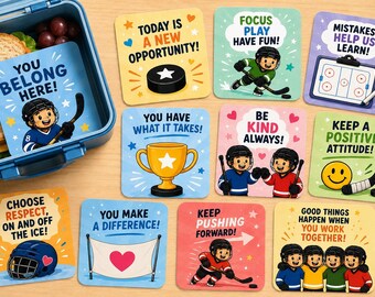 Hockeylunchbox-notities voor kinderen: afdrukbare aanmoedigingskaarten (digitale download)