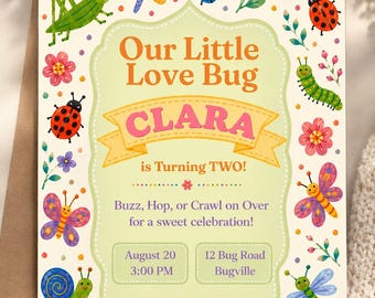 Little Love Bug Birthday Invitation, Editable Canva Template, Bug Party Invite (Digital Download)