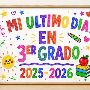 May include: A framed print with the text "MI ULTIMO DIA EN 3ER GRADO 2025-2026" in colorful, hand-drawn style lettering. The image includes a smiling sun, stars, hearts, a pencil, and books with an apple.