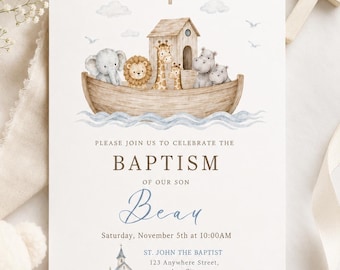 May include: A baptism invitation card featuring a watercolour illustration of a wooden ark carrying an elephant, lion, giraffe, and hippos on blue water. Above the ark is a cross and clouds. The text includes details for a baptism for Beau.