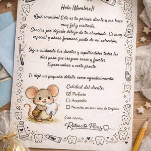 Könnte beinhalten: Ein handgeschriebener Brief auf Spanisch mit einer Cartoon-Maus, die einen Zahn hält, umgeben von Goldmünzen und sternförmigem Konfetti. Der Text enthält "Hola (Nombre)!" und "Ratoncito Perez".