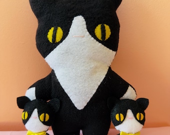 Fleece Black & White Tuxedo Stuffed Cat  - 11 inch tall