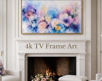 Frame Tv Art Watercolor Floral Download Digital Large Flowers Bright Pink Purple  Blue Serene Bedroom Television Display living room family