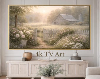 Farmhouse Digital Art Download Instant Tv Screensaver Samsung Frame Landscape Barn Silo Countryside Morning Misty Field Garden Fence Rustic