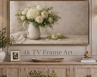 Flower Frame Tv Art Digital Download Farmhouse Style Living Room Wall Display White Rose Hydrangea Arrangement Vintage Pitcher Floral Photo