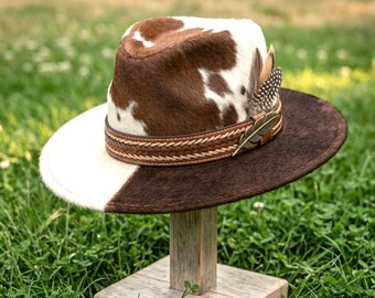 Handmade Cowhide Leather Western Fedora Hat: Cow Print, Wide Brim, Feather Accent