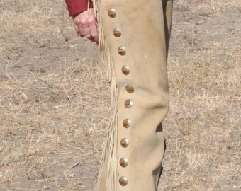 Men's Cowboy Suede Leather Chaps Western Rodeo Riding Fringe Beige Pants