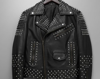 Men Black Punk Rock Leather Jacket Studded Spikes Biker Motorcycle Jacket
