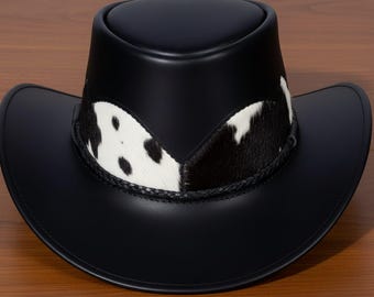 Black Leather Cowboy Hat – Cow Print Band, Western Fedora, Ranch Rodeo Style UK