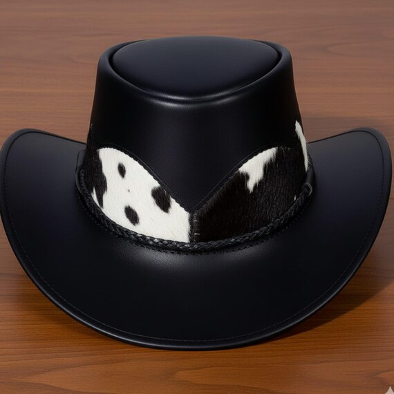 Black Leather Cowboy Hat – Cow Print Band, Western Fedora, Ranch Rodeo Style UK