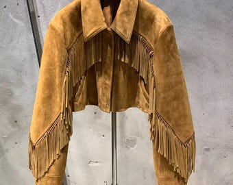 Genuine Suede Leather Fringe Jacket: Cropped Western Cowgirl Boho Festival Coat