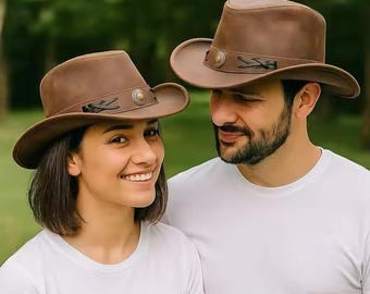 Genuine Leather Cowboy Hat: Brown Western Outback Wide Brim Ranch Style
