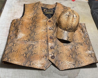 Men's Snakeskin Python Print Vest and Cap Set: Western Cowboy Biker Outfit
