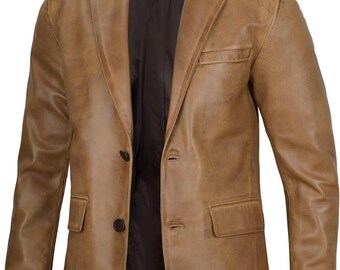Men's Brown Genuine Leather Blazer Jacket – Slim Fit Casual Formal Coat