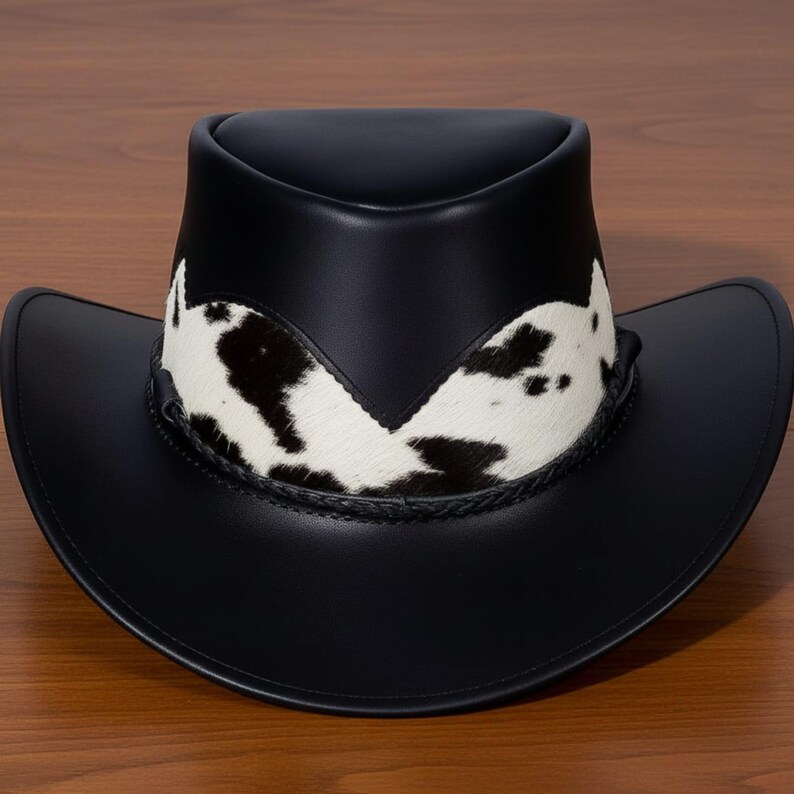 Pu&ograve; includere: Cappello da cowboy in pelle nera con fascia in pelle di mucca con macchie bianche e nere. Il cappello ha un'ampia tesa e un classico design western.