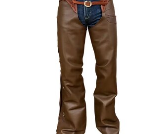 Brown Leather Cowboy Chaps with Western Fringe, Handmade Rodeo Biker Pants