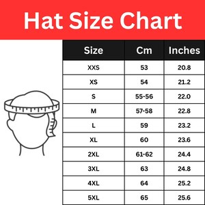 May include: A hat size chart with measurements in centimeters and inches. The chart includes sizes from XXS to 5XL, with corresponding measurements ranging from 20.8 inches (53 cm) to 25.6 inches (65 cm). A diagram of a head with a measuring tape is on the left.