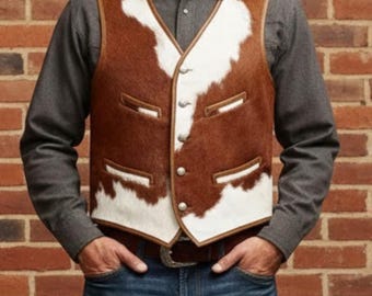 Men's Handmade Hair On Hide Leather Western Vest – Cowboy Ranch Style Waistcoat
