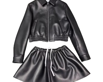 Genuine Leather Bomber Jacket and Flared Skirt Set, Handmade Two Piece Outfit