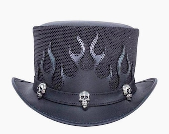 Black Gothic Skull Top Hat with Flame Accents – Steampunk Biker Festival Wear
