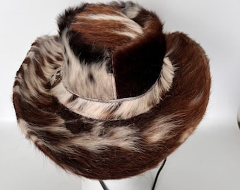Handmade Hair-On Cowhide Cowboy Hat, Western Ranch Rodeo Style Unisex Accessory