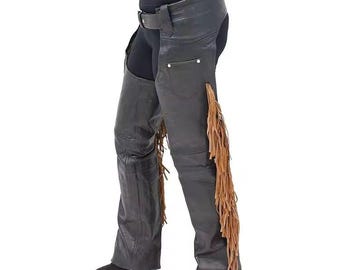 Black Leather Style Chaps with Brown Fringe – Western Rodeo Biker Festival Wear