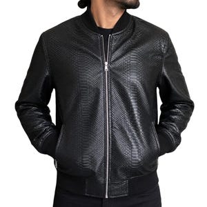 Men's Black Genuine Leather Snakeskin Bomber Jacket – Luxury Streetwear Style