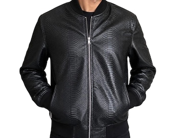 Men's Black Genuine Leather Snakeskin Bomber Jacket – Luxury Streetwear Style
