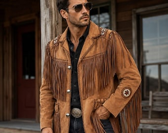 Men’s Western Fringe Leather Jacket Native American Suede Coat Cowboy Tassel Jacket Vintage Boho Biker Handmade Festival Wear