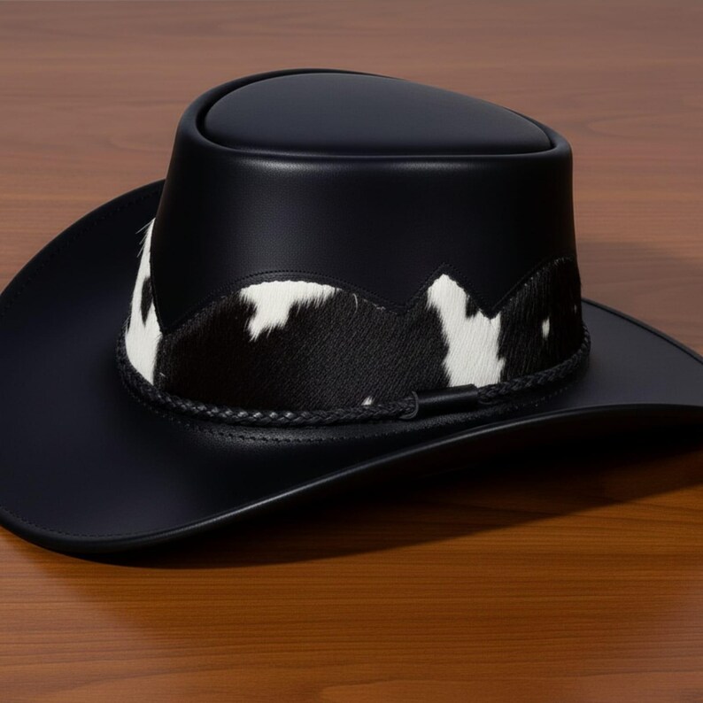Pu&ograve; includere: Un cappello da cowboy in pelle nera con una fascia decorativa in pelle di mucca bianca e nera. Il cappello ha una corona arrotondata e un'ampia tesa. Un cordoncino in pelle intrecciata accentua la fascia. Il cappello &egrave; esposto su una superficie di legno.