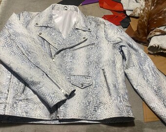 Mens Genuine Leather Snake Print Biker Jacket – White Python Embossed Moto Coat