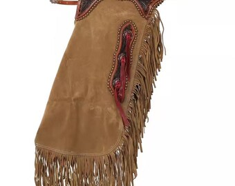 Handmade Suede Leather Western Chaps with Fringe and Tooling – Rodeo, Biker Wear