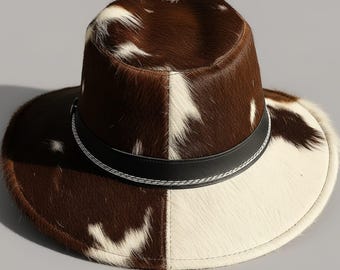 Chapeau fedora en cuir de vachette fait main : style cow-boy occidental, chapeau haut de forme ranch à bord large