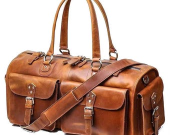 Handmade Vintage Leather Duffel Bag, Rustic Brown Travel Weekender Carry-On Gym Bag