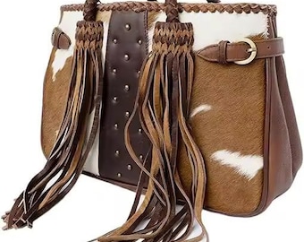 Genuine Leather Cowhide Fringe Tote Bag: Western Boho Shoulder Purse