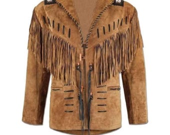Mens Western Suede Leather Fringe Jacket Handmade Cowboy Native American Style Brown Tassel Coat Vintage Western Wear UK