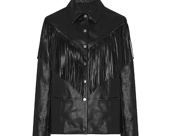 Black Leather Fringe Jacket: Handmade Western Tassel Coat, Gothic Cowgirl Style