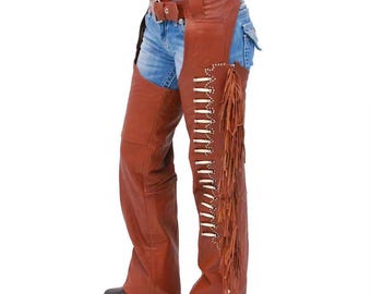 Brown Leather Fringe Chaps Women Western Cowgirl Rodeo Biker Festival Leggings