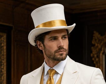 Handmade White Leather Steampunk Top Hat with Gold Band – Victorian Gothic Cosplay