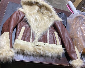 Women's Brown Cropped Shearling Aviator Jacket with Fur Hood