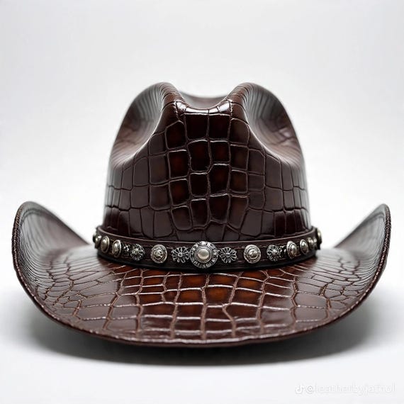 Brown Crocodile Embossed Leather Cowboy Hat: Handmade Western Rodeo Fedora