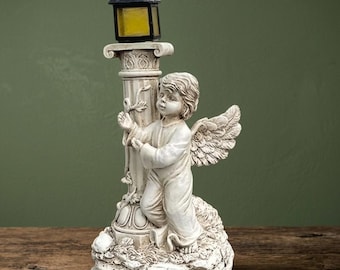 Solar Angel Garden Lamp • Roman Column Statue • Outdoor Yard Decor • Light Academia Sculpture • Vintage Resin Night Light • Patio Ornament