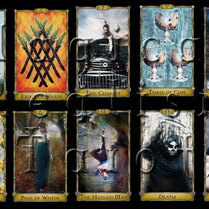 May include: A tarot card deck with 10 cards displayed. The cards are in a grid of 2 rows and 5 columns. The cards are decorated with gold trim and feature various images, including a woman in a white dress, a chariot, a hanging man, and a skull. The cards are labeled with their corresponding numbers and names, such as "The Moon", "The Chariot", "The Hanged Man", and "Death".