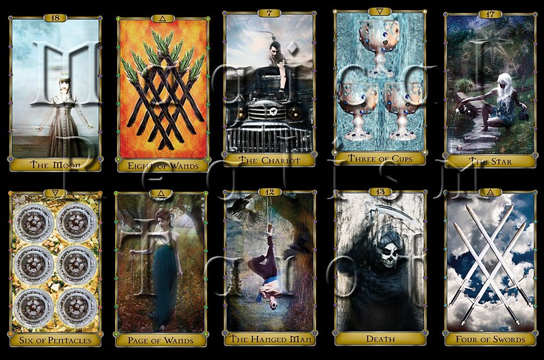 May include: A tarot card deck with 10 cards displayed. The cards are in a grid of 2 rows and 5 columns. The cards are decorated with gold trim and feature various images, including a woman in a white dress, a chariot, a hanging man, and a skull. The cards are labeled with their corresponding numbers and names, such as "The Moon", "The Chariot", "The Hanged Man", and "Death".