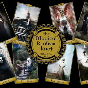 May include: A tarot deck with a gold and black design. The cards feature images of people and objects in a dark, gothic style. The cards are titled with the names of the major arcana, such as "The Lovers", "The Chariot", "Justice", "Wheel of Fortune", "Death", "The Star", "The Moon", and "Judgement".
