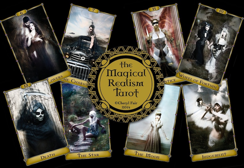 May include: A tarot deck with a gold and black design. The cards feature images of people and objects in a dark, gothic style. The cards are titled with the names of the major arcana, such as "The Lovers", "The Chariot", "Justice", "Wheel of Fortune", "Death", "The Star", "The Moon", and "Judgement".