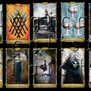 May include: A tarot card deck with 10 cards displayed. The cards are in a grid of 2 rows and 5 columns. The cards are decorated with gold trim and feature various images, including a woman in a white dress, a chariot, a hanging man, and a skull. The cards are labelled with their corresponding numbers and names, such as "The Moon", "The Chariot", "The Hanged Man", and "Death".