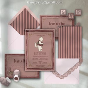 May include: A dusty rose baby shower invitation set featuring a white cat illustration, striped envelope liners, and cards labeled Books for Baby and Diaper Raffle. The text includes Baby Shower, Lori and Adamus Green, and the email itheartistry@gmail.com.