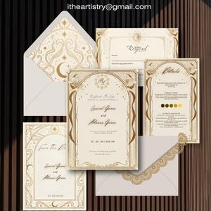 May include: A wedding stationery set featuring cream-colored paper with gold celestial and arched border designs. The set includes an invitation, a details card, a response card, a save the date card, and two envelopes, one with a gold patterned liner.